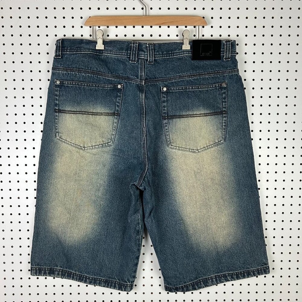 CUBE Grunge‎ Baggy Jean Shorts Size 42 Jorts Wide Leg Skate Y2K Blue Cyber Punk